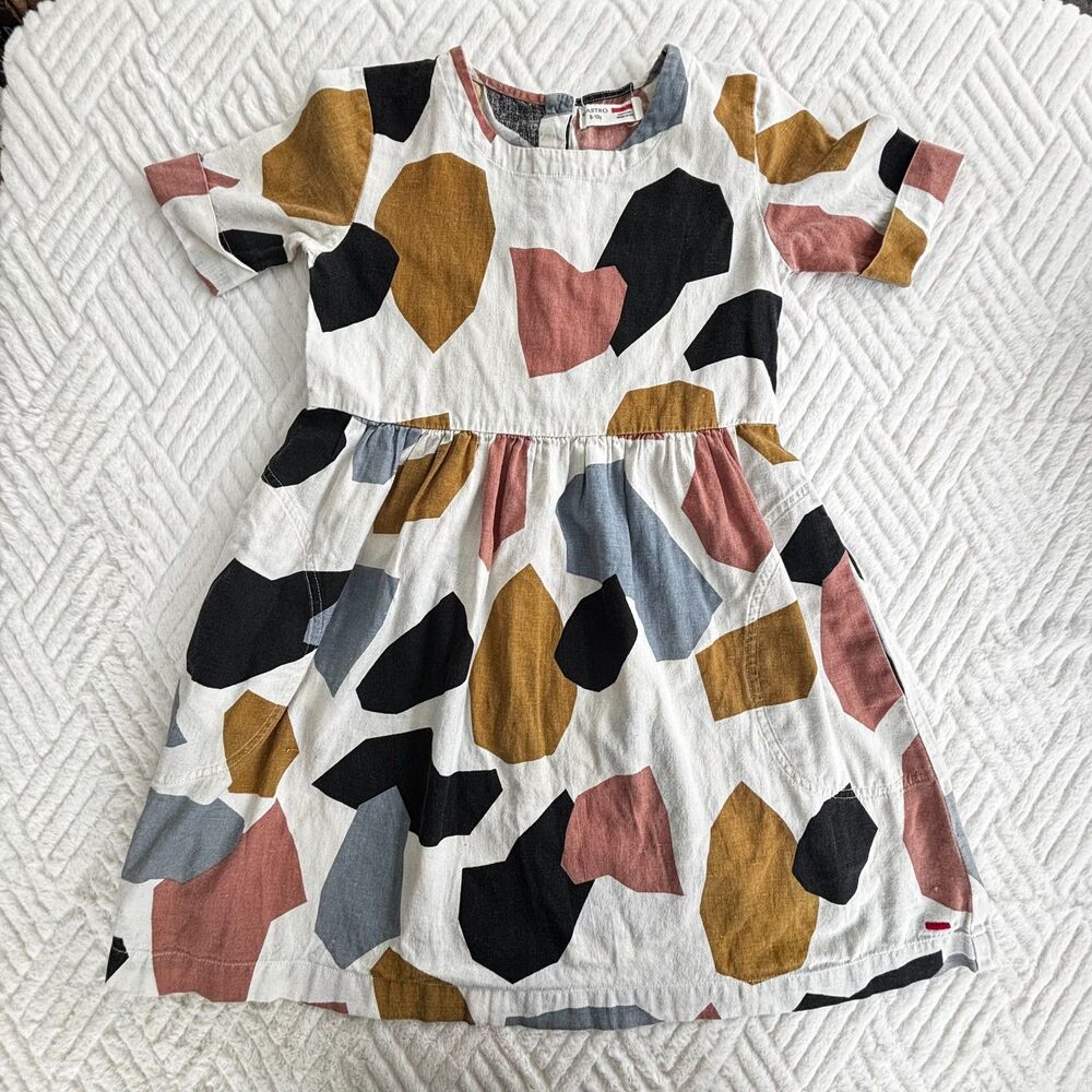 Girls Cotton Linen Abstract Geometric Print Short Sleeve Dress Size 8-10Y